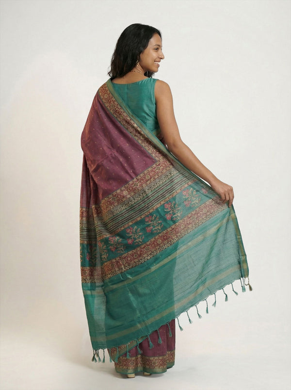 Chanderi Cotton Plum Purple & Teal Green Zari Butta Pattern Saree