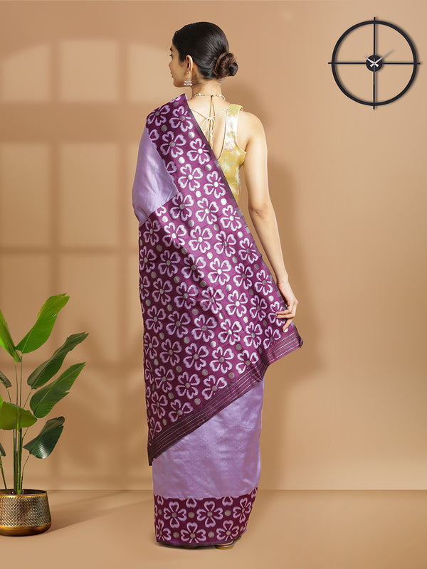 Lavener Color Art Silk Plain Saree With Purple Floral Printed Border And Pallu