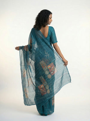 Cotton Teal Blue Floral Design Saree with Modern Print Style