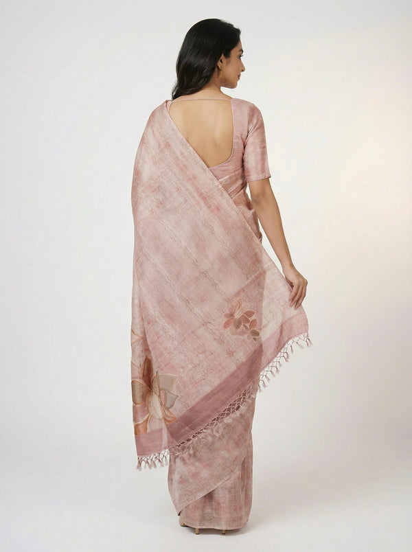Semi Raw Silk Peach Saree with Modern Abstract Print