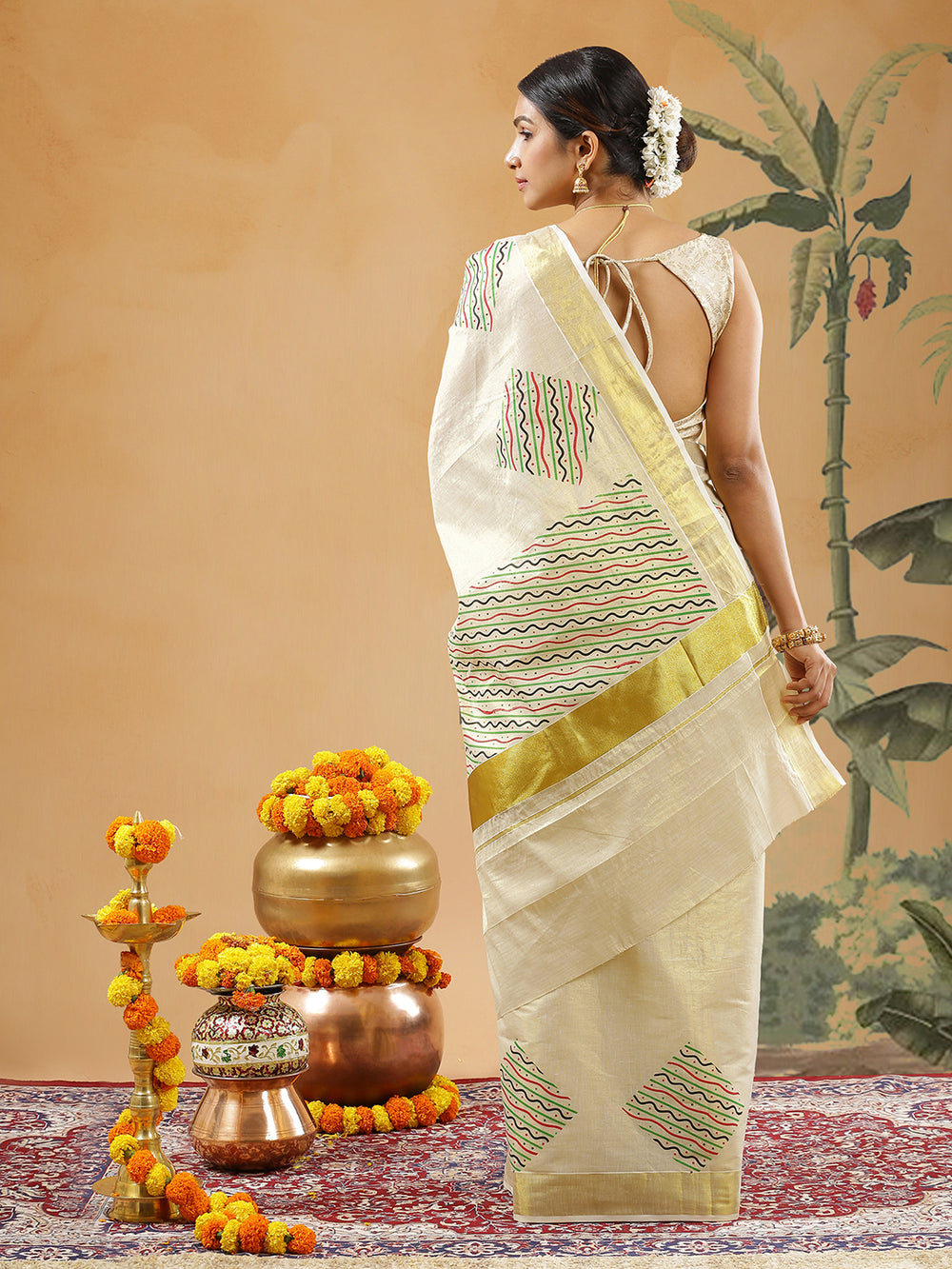 Golden Tissue Set Saree With Multi Color Waved And Strignt Line Designed Print All Over