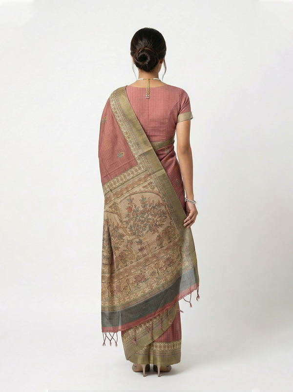Semi Jute Dusty Rose Checked Printed Saree