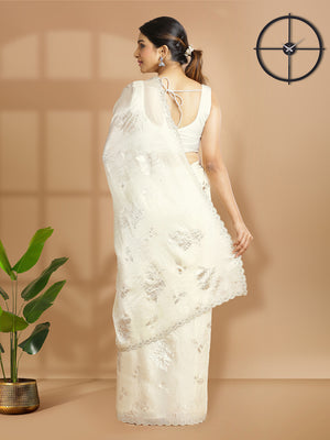 Cream Color Soft Organza Chiffon Saree With Foil Floral Print Over Body
