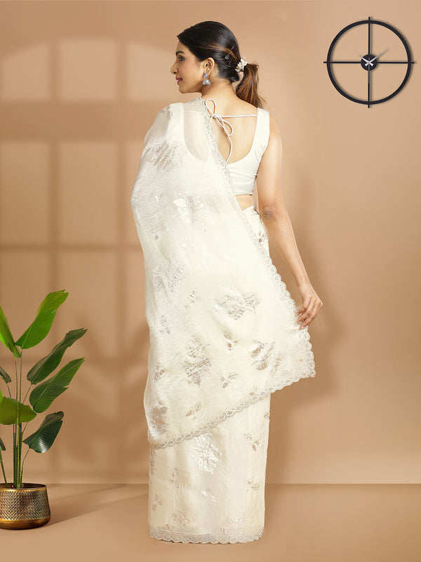 Cream Color Soft Organza Chiffon Saree With Foil Floral Print Over Body