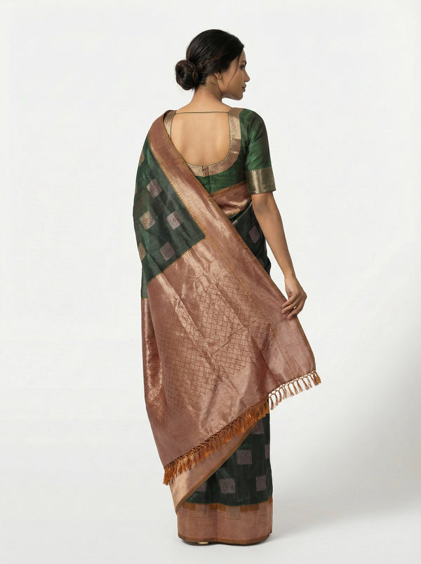 Semi Silk Elegant Bottle Green Saree with Modern Box Pattern