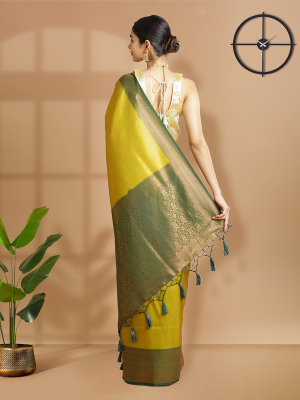 Yellow Green Color Golden Woven Designed Kubera Silk Saree With Bottle Green Border