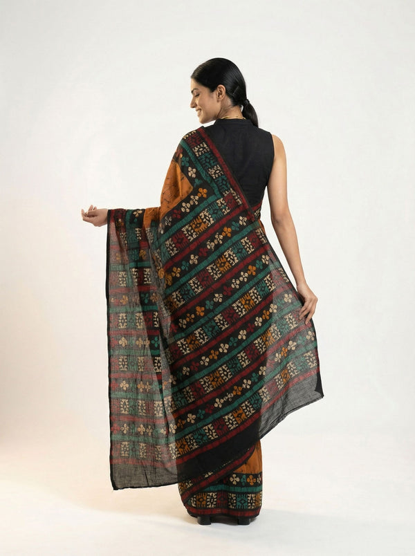 Chanderi Cotton Rust Batik Printed Saree