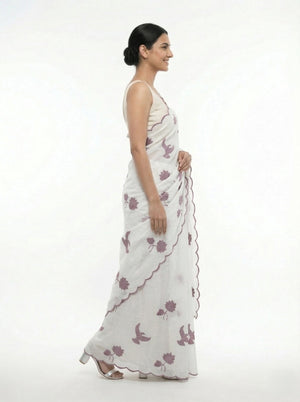 Organza Off White Floral Bird Print Designer Saree with Embroidered Border