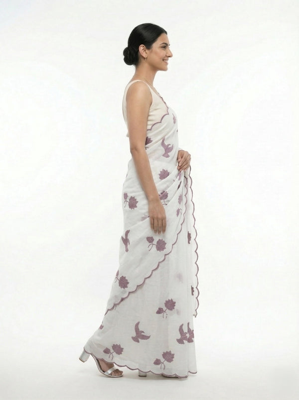 Organza Off White Floral Bird Print Designer Saree with Embroidered Border