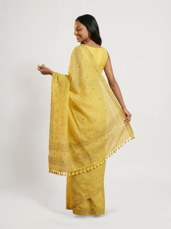 Chanderi Cotton Yellow Embroidered Floral Pattern Saree