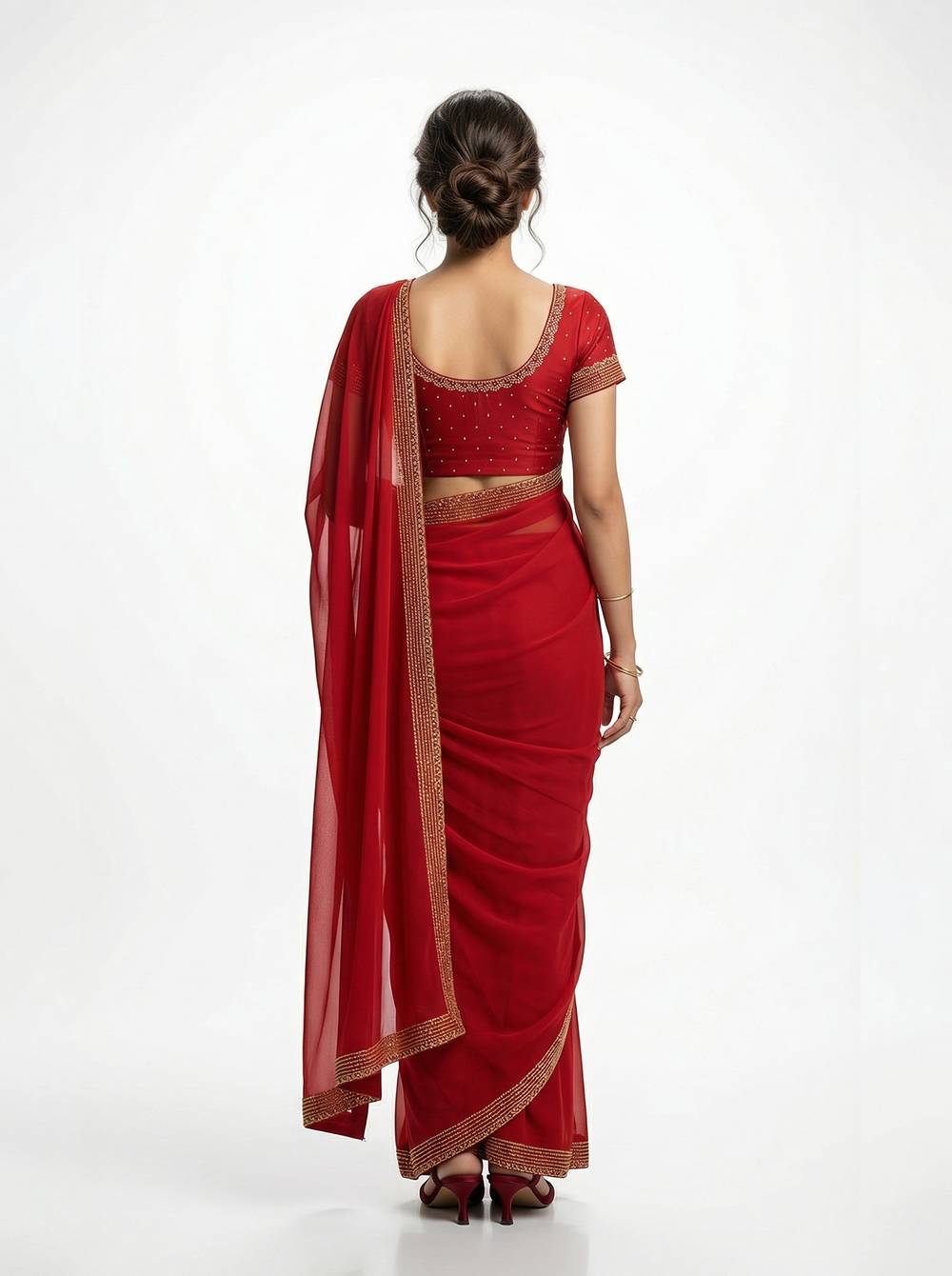 Chiffon Classic Red Minimal Small Stone  Border Designer Saree