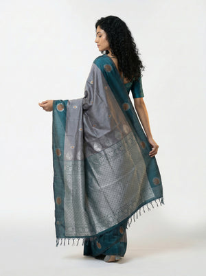Art Silk Grey Teal Saree with Classic Floral Butta Prints and Designer Pallu