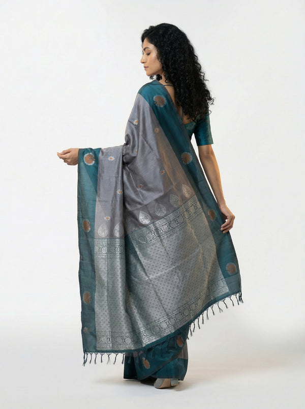 Art Silk Grey Teal Saree with Classic Floral Butta Prints and Designer Pallu