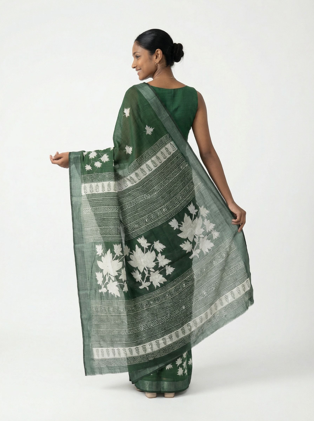 Chanderi Cotton Dark Green Floral Printed Pattern Saree