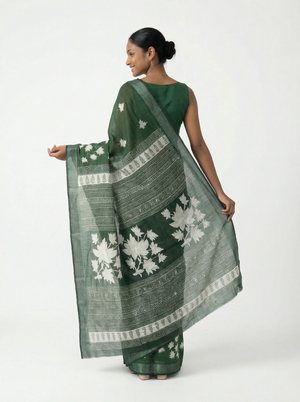 Chanderi Cotton Dark Green Floral Printed Pattern Saree