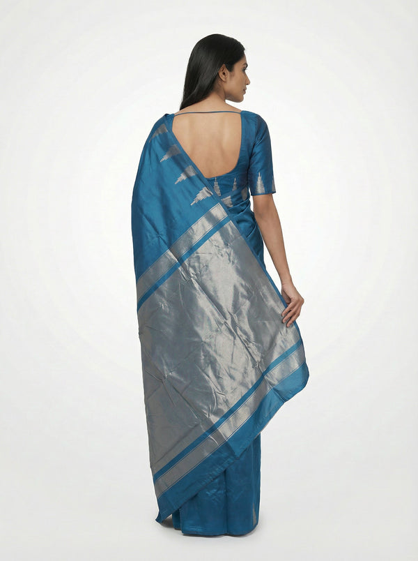 Semi Silk Ethnic Peacock Blue Saree with Traditional Tissue Work