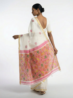 Cotton Off White Saree with Minimal Lotus Motifs and Designer Pallu
