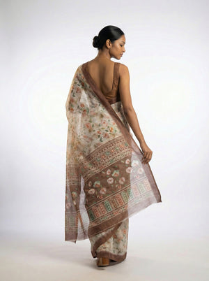 Cotton Cream Saree with Elegant Floral Prints All Over The Body