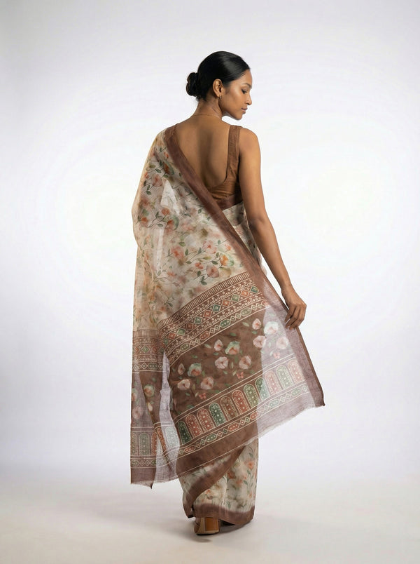 Cotton Cream Saree with Elegant Floral Prints All Over The Body