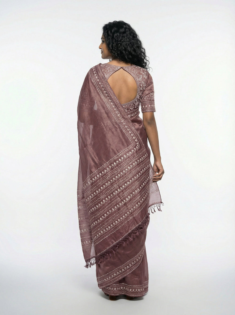 Shimmer Organza  Brown  Saree with Plain Border Blouse