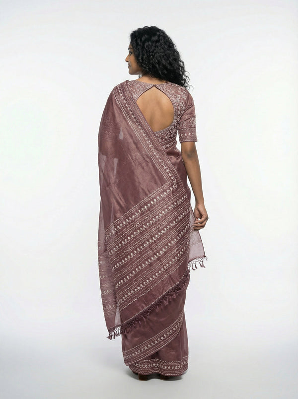 Shimmer Organza  Brown  Saree with Plain Border Blouse