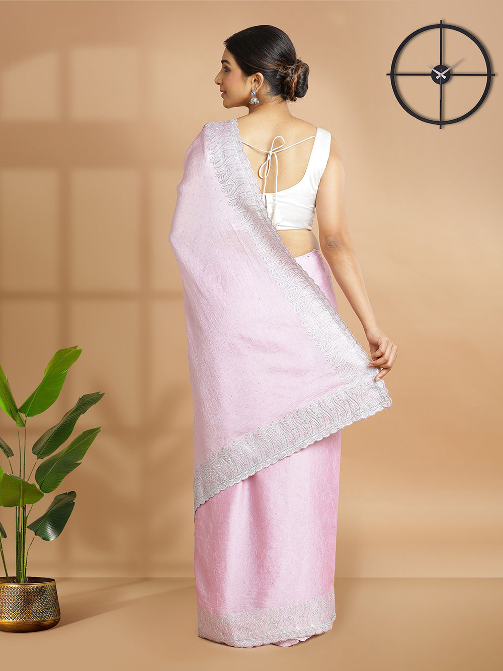 Baby Pink Crushed Chiffon Saree With Silver Mini Stone Over Body