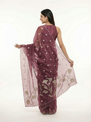 Organza Purple Floral Butti Designer Saree with Scalloped  Border