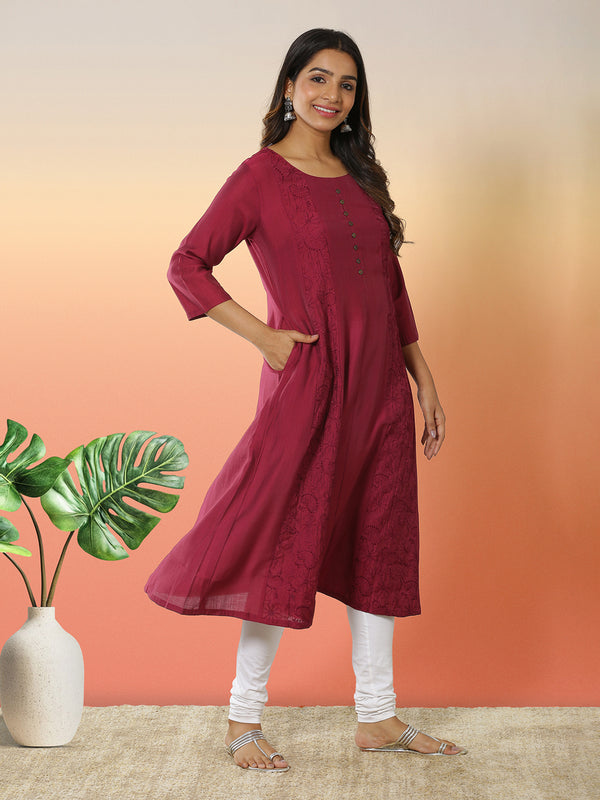 Wine Pink Color Patch Worked Embroidery Designed Cotton Blended Kurti Top