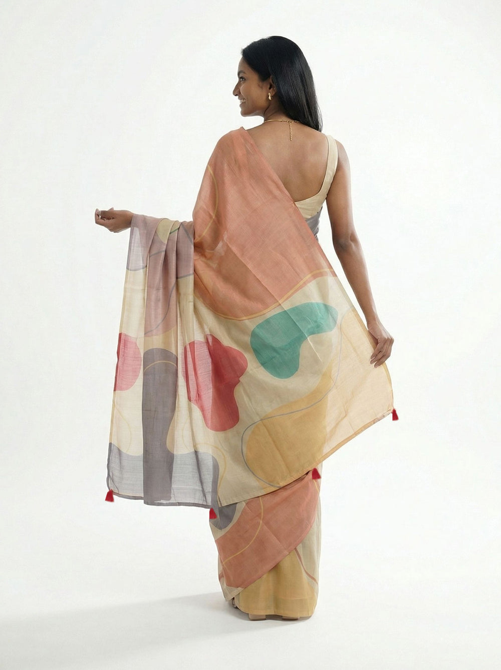 Chanderi Cotton Beige Geometric Print Saree