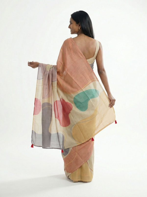 Chanderi Cotton Beige Geometric Print Saree
