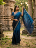 Organza Navy Blue Minimal Small Stone Work  Border Designer Saree