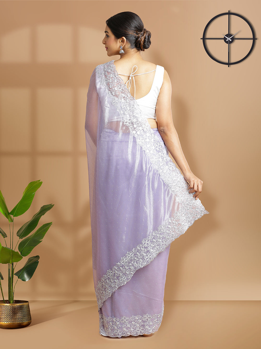 Lavender Color Net Tissue Saree With Multi Mini Stones Over Body