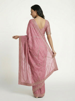 Vijithra Silk Dusty Rose Pink Geometric Shape Stone Work Designer Saree