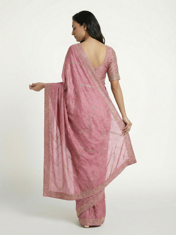 Vijithra Silk Dusty Rose Pink Geometric Shape Stone Work Designer Saree