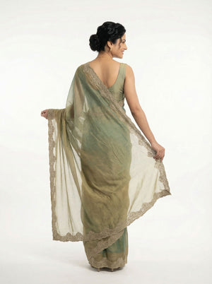 Shimmer Organza Olive Green Plain Designer Saree with Decorated Border