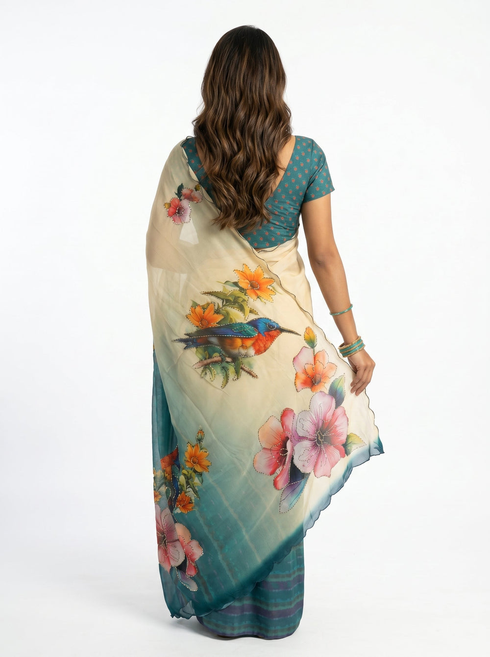 Chiffon Cream Teal Ombre Floral Printed Designer Saree