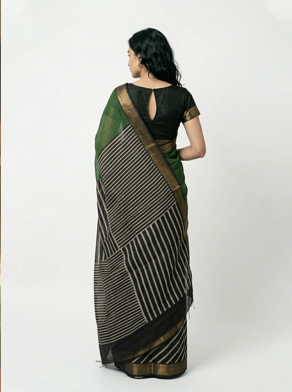 Chanderi Cotton Bottle Green Contrast Stripes Saree