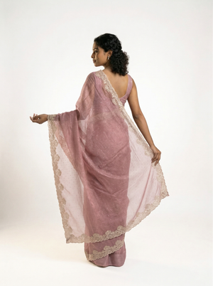 Shimmer Organza Soft Pink Plain Designer Saree with Micro Dot Work and Embroidered Border