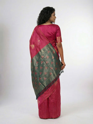 Semi Silk Ruby Pink Saree for Women with Triangle Paisley Butta