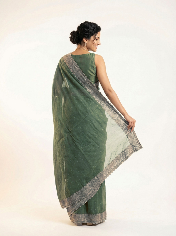 Shimmer Organza Sage Green Designer Saree with Micro Dot Work and Heavy Border