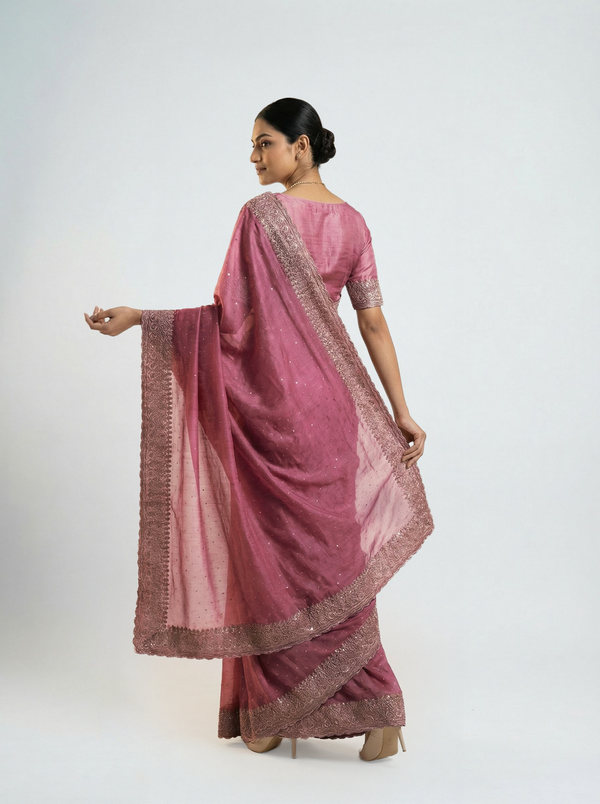 Shimmer Organza Rose Pink Designer Saree with Micro Dot Work and Embroidered Border