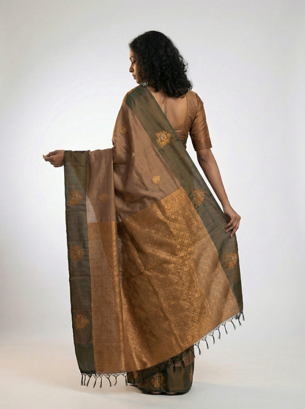 Art Silk Brown Butta Design Saree with Contrast Olive Border