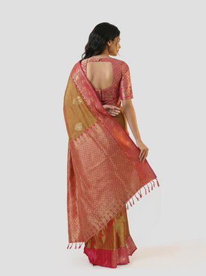 Semi Silk Olive Green Traditional Saree with Gapped Buttas