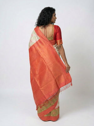 Art Silk Off White Designer  Saree with Woven Butta Peach Blouse Fabric