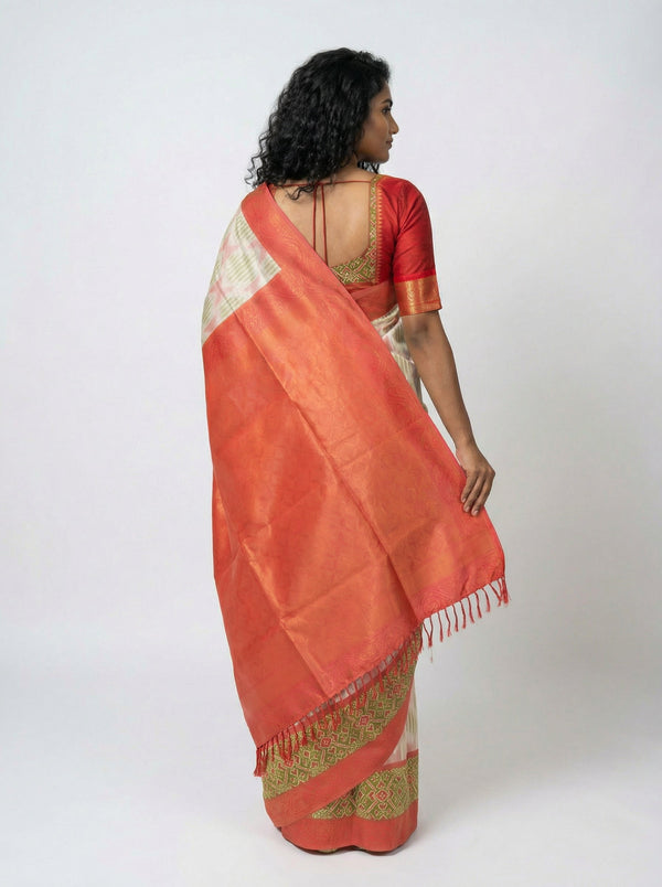 Art Silk Off White Designer  Saree with Woven Butta Peach Blouse Fabric
