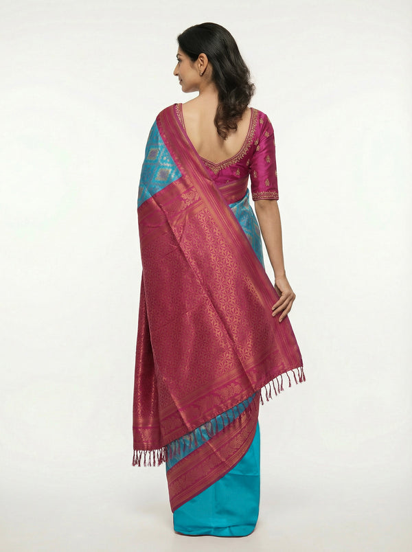 Semi Silk Women’s Peacock Blue Saree with Contrast Wine Blouse