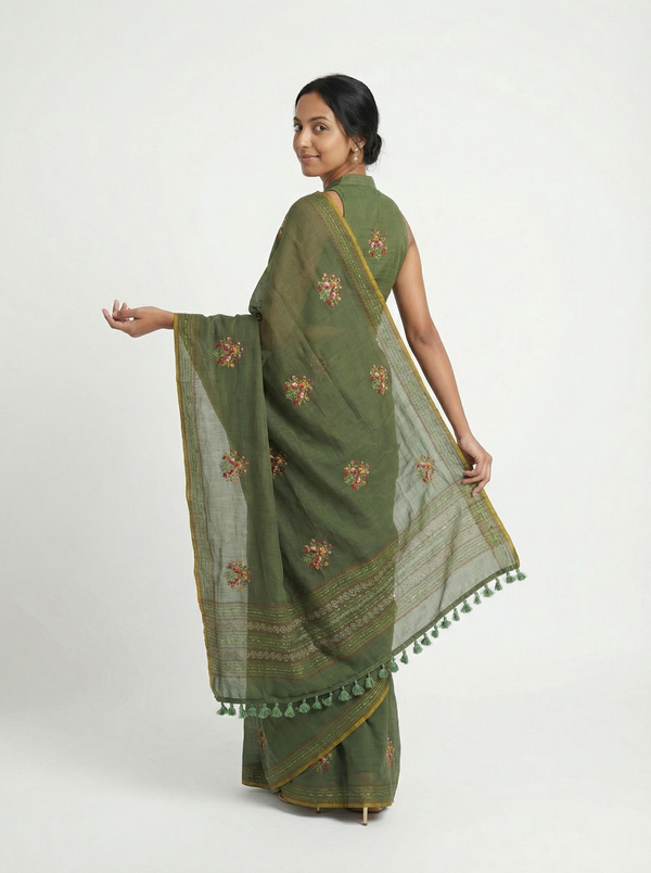Chanderi Cotton Olive Green Floral Embroidered Pattern Saree