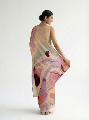 Chanderi Cotton Cream Abstract Floral Saree