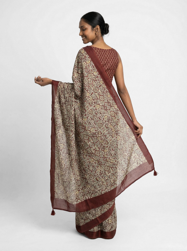 Chanderi Cotton Maroon And Beige Printed Saree