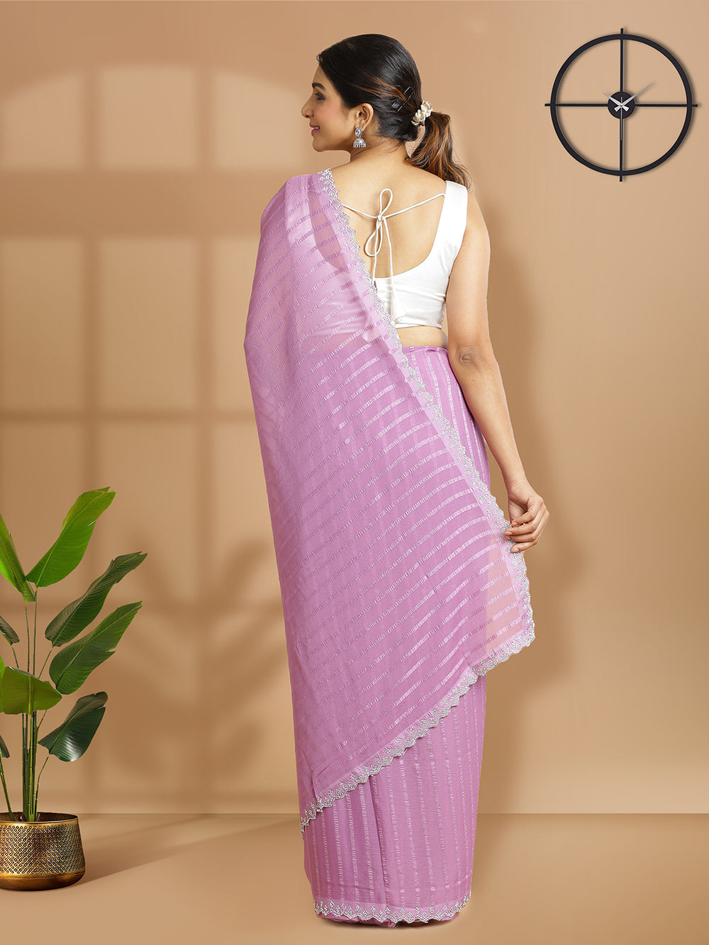Light Purple Georgette Saree With Self Stripes Over Body